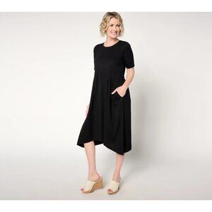 LOGO by Lori Goldstein Petite Cotton Modal Gusset Midi Dress Size Medium Black